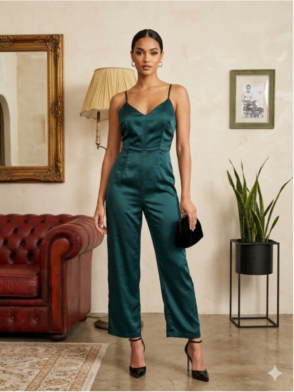 Lulus Emerald Green Satin Sleeveless Wide Leg Jumpsuit Size Small